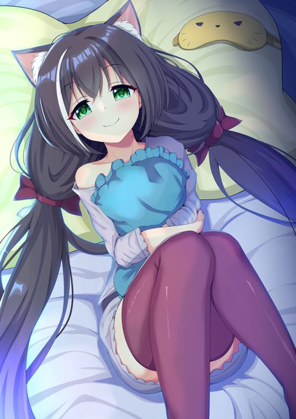 Anime picture 990x1400 with princess connect! re:dive princess connect! karyl (princess connect!) syurimp single tall image looking at viewer blush fringe light erotic black hair smile hair between eyes twintails green eyes animal ears payot bent knee (knees) tail lying