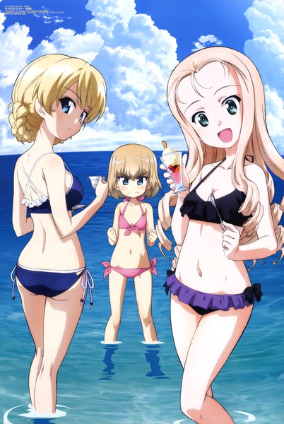 Anime picture 6065x9050 with girls und panzer megami magazine darjeeling (girls und panzer) katyusha (girls und panzer) marie (girls und panzer) sugimoto isao long hair tall image looking at viewer blush highres short hair open mouth blue eyes light erotic blonde hair brown hair multiple girls absurdres sky