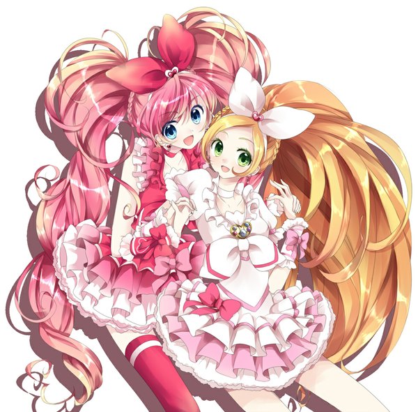 Anime picture 1000x986 with precure suite precure toei animation houjou hibiki minamino kanade cure melody cure rhythm uzuki aki long hair open mouth blue eyes simple background blonde hair white background twintails multiple girls green eyes pink hair ponytail wavy hair