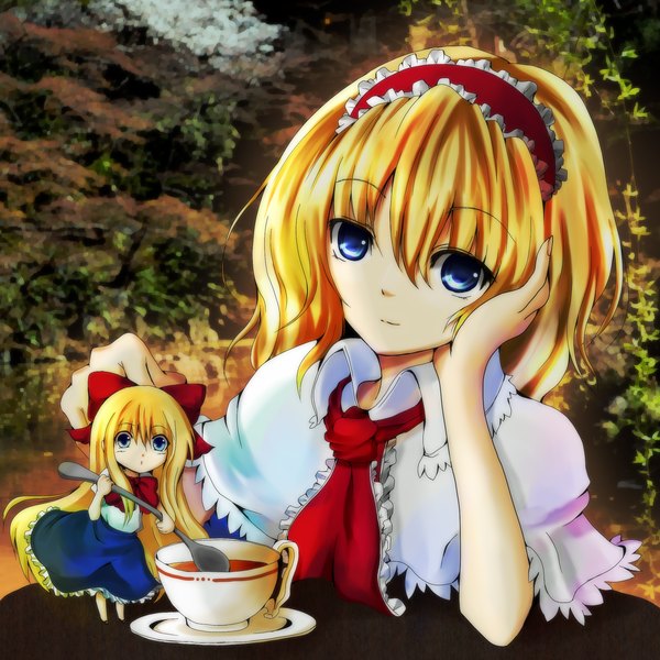 Anime picture 1500x1500 with touhou alice margatroid jellylily (artist) looking at viewer short hair blue eyes blonde hair sitting girl hairband cup doll (dolls)