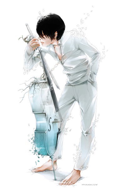 Anime picture 813x1281 with original re (artist) single tall image fringe short hair black hair simple background standing white background eyes closed barefoot realistic hand in pocket boy chain bow (instrument) roots cello