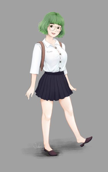 Anime-Bild 1299x2048 mit original momo (jubi) jubi (regiana) single tall image looking at viewer fringe short hair breasts open mouth simple background large breasts standing green eyes signed full body blunt bangs pleated skirt green hair realistic