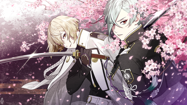 Anime picture 2880x1620 with touken ranbu nitroplus higekiri (touken ranbu) hizamaru (touken ranbu) tayuya1130 looking at viewer fringe highres short hair blonde hair red eyes wide image silver hair head tilt hair over one eye multiple boys cherry blossoms clothes on shoulders weapon over shoulder boy