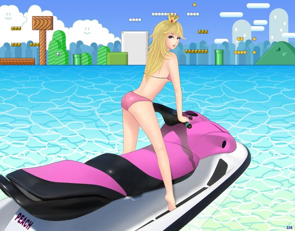 Anime picture 1350x1060 with super mario bros. princess peach khalitzburg single long hair looking at viewer blue eyes light erotic blonde hair looking back girl swimsuit bikini water crown watercraft jet ski