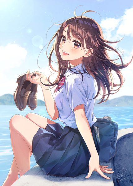 Anime picture 1191x1670 with original morikura en single long hair tall image looking at viewer blush fringe open mouth smile hair between eyes brown hair sitting holding brown eyes signed sky cloud (clouds) ahoge bent knee (knees)