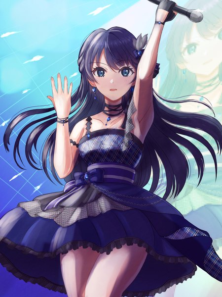 Anime picture 1500x2000 with link! like! love live! sunrise (studio) love live! murano sayaka yo namikaze single long hair tall image looking at viewer blush fringe open mouth blue eyes black hair bare shoulders arm up sparkle armpit (armpits) alternate hairstyle girl