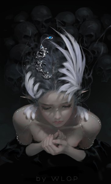 Anime-Bild 1100x1812 mit ghost blade yan (ghost blade) wlop single long hair tall image bare shoulders looking away from above lips pointy ears grey hair realistic mole shadow mole under eye hand on chest eyeshadow mole under mouth girl