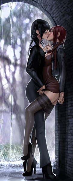 Anime picture 600x1477 with sunstone alisson (sunstone) liza (sunstone) shiniez long hair tall image short hair light erotic black hair multiple girls red hair eyes closed open clothes open jacket lipstick rain wet clothes red lipstick kiss yuri