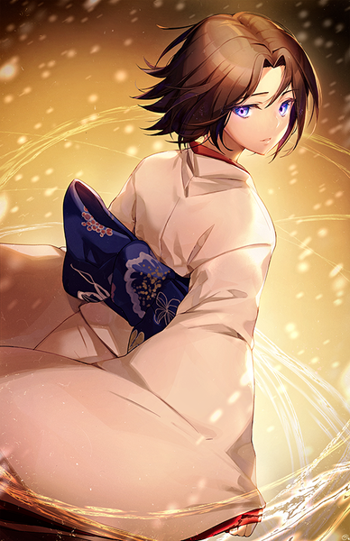 Anime picture 560x865 with fate (series) fate/grand order kara no kyoukai type-moon ryougi shiki naguri single tall image looking at viewer fringe short hair blue eyes simple background hair between eyes brown hair standing long sleeves traditional clothes parted lips japanese clothes