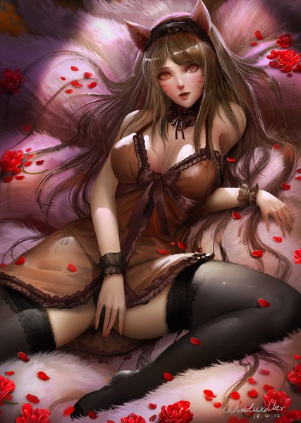 Anime picture 1076x1512 with league of legends ahri (league of legends) turewindwalker single long hair tall image looking at viewer blush fringe breasts open mouth light erotic brown hair sitting bare shoulders brown eyes animal ears payot cleavage bent knee (knees)
