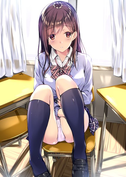 Anime picture 1110x1553 with original kobayashi chisato single long hair tall image looking at viewer blush fringe light erotic brown hair sitting brown eyes full body bent knee (knees) indoors long sleeves parted lips from above pantyshot shiny skin