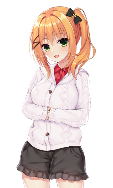 Anime picture 1500x2500 with hamidashi creative ryuukan ameri ncontrail (mgax7527) single long hair tall image open mouth simple background standing white background green eyes payot :d orange hair side ponytail hands in sleeves girl bow hair bow shorts