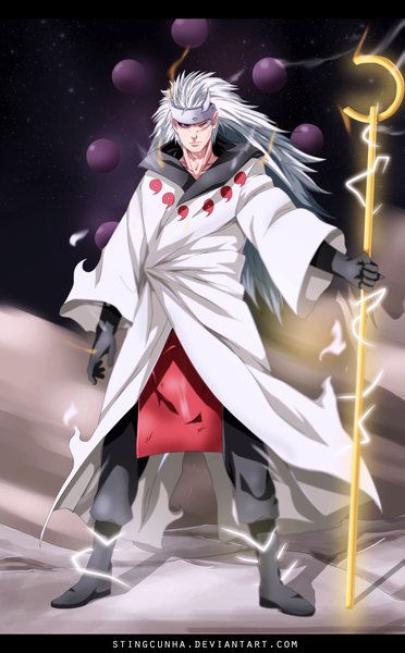 Anime picture 2239x3608 with naruto studio pierrot naruto (series) uchiha madara stingcunha single long hair tall image highres purple eyes white hair night night sky coloring magic letterboxed smoke rinnegan boy cloak