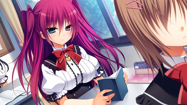 Anime picture 1280x720 with innocent girl ousaka kanae nanaka mai long hair looking at viewer blush fringe breasts blue eyes hair between eyes wide image large breasts sitting twintails multiple girls holding game cg purple hair depth of field puffy sleeves