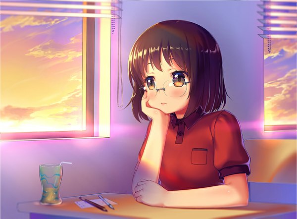 Anime picture 800x590 with original zimajiang single fringe short hair brown hair sitting brown eyes looking away sky cloud (clouds) evening sunset chin rest girl glasses window jalousie