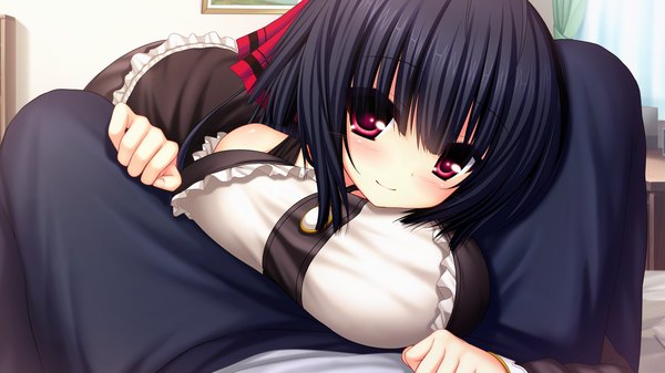 Anime picture 1280x720 with yakimochi stream kirishima sana syroh long hair looking at viewer blush breasts light erotic black hair smile red eyes wide image large breasts game cg girl dress