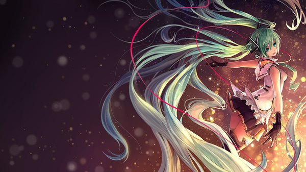 Anime picture 1920x1080 with vocaloid hatsune miku syrinxwell311 single highres open mouth wide image twintails very long hair looking back aqua eyes aqua hair wallpaper dark background girl thighhighs dress skirt gloves hair ornament