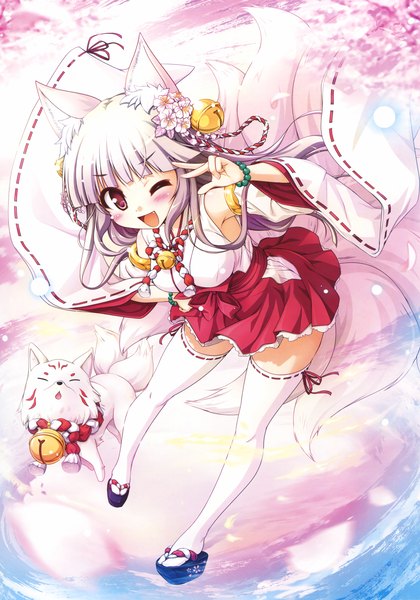 Anime picture 2310x3300 with original eshi 100-nin ten bekkankou single long hair tall image highres open mouth brown eyes animal ears white hair tail traditional clothes animal tail scan fox ears fox tail fox girl miko multiple tails