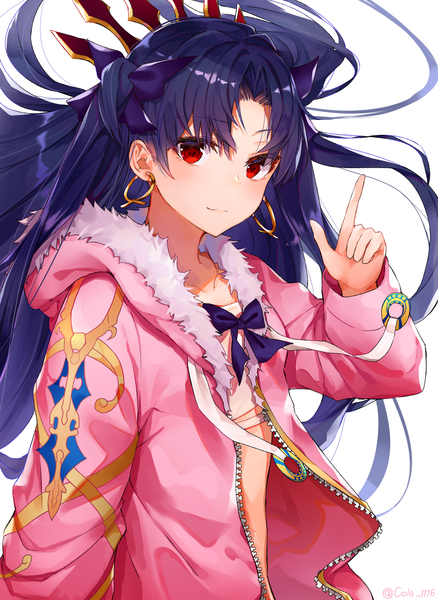 Anime picture 1476x2020 with fate (series) fate/grand order ishtar (fate) black cola single long hair tall image looking at viewer blush fringe light erotic black hair simple background hair between eyes red eyes standing white background signed arm up open clothes