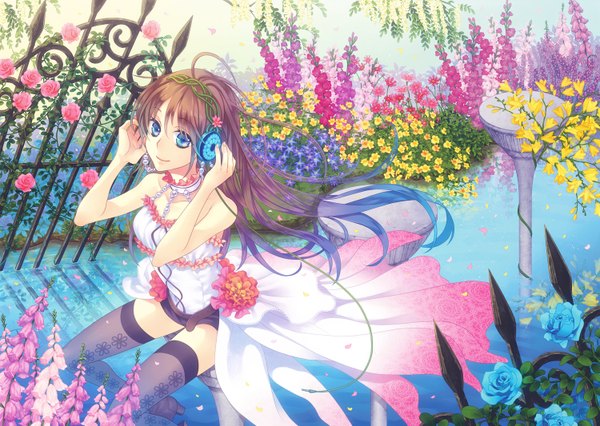 Anime picture 1500x1066 with original yamyom long hair blue eyes smile brown hair girl thighhighs dress flower (flowers) black thighhighs petals headphones