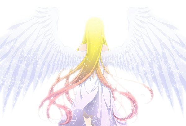 Anime picture 1020x691 with original shainea single long hair blonde hair white background bare shoulders very long hair multicolored hair from behind back angel wings angel girl dress wings white dress