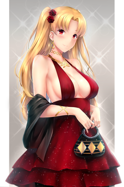 Anime picture 4000x6000 with fate (series) fate/grand order ereshkigal (fate) rei kun single long hair tall image looking at viewer blush fringe highres breasts light erotic simple background blonde hair smile red eyes large breasts standing bare shoulders