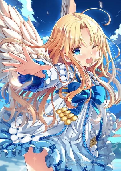 Anime picture 707x1000 with tate no yuusha no nariagari kinema citrus firo (tate no yuusha no nariagari) xephonia single long hair tall image looking at viewer blush fringe open mouth blue eyes blonde hair smile sky cloud (clouds) ahoge outdoors one eye closed wink