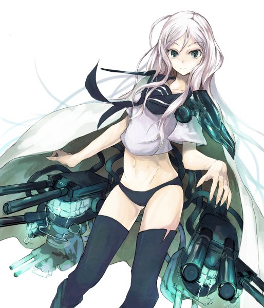 Anime picture 1200x1400 with kantai collection ta-class battleship asagi shii long hair tall image looking at viewer fringe light erotic simple background white background silver hair high heels glow girl navel underwear panties weapon boots gun