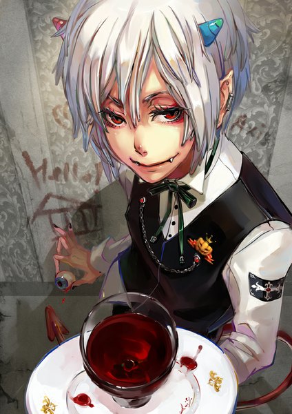 Anime picture 600x848 with original axis (artist) single tall image short hair blue eyes smile red eyes standing white hair nail polish horn (horns) fingernails pointy ears teeth fang (fangs) long fingernails boy vest drink