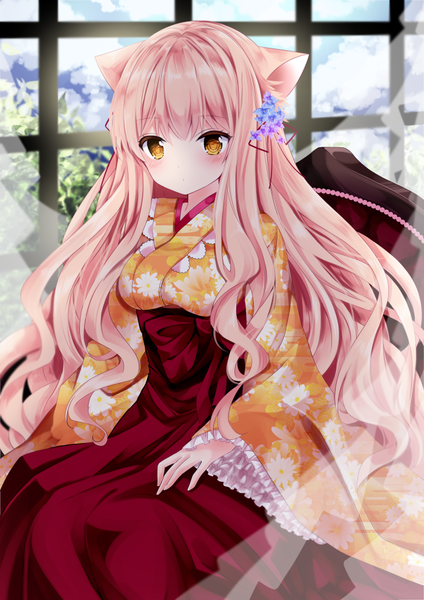 Anime picture 700x990 with original nanase kureha nanase nao single long hair tall image looking at viewer blush fringe breasts hair between eyes sitting brown eyes animal ears pink hair sky cloud (clouds) indoors traditional clothes japanese clothes