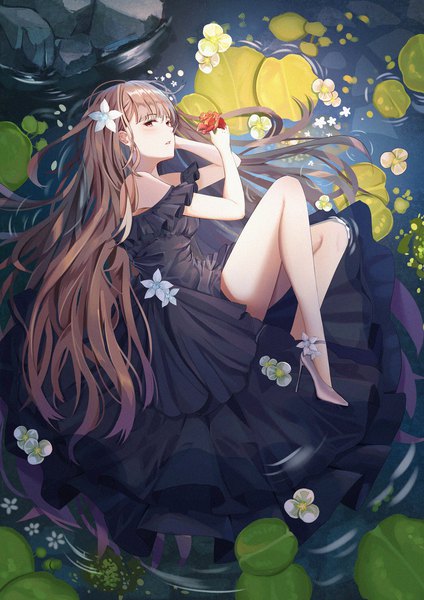 Anime picture 1500x2121 with original mobu (wddtfy61) single long hair tall image looking at viewer blush fringe red eyes brown hair bare shoulders full body bent knee (knees) lying blunt bangs parted lips hair flower from above off shoulder bare legs
