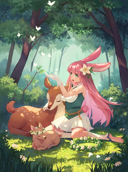 Anime picture 1500x2011 with afk arena lyca (afk arena) naimiaomiaomiaomiao single long hair tall image fringe breasts open mouth smile large breasts sitting green eyes animal ears looking away pink hair full body bent knee (knees) tail blunt bangs