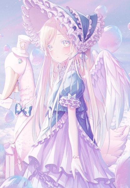 Anime picture 3816x5500 with original okazu (eightstudio) single long hair tall image looking at viewer blush fringe highres blonde hair standing absurdres sky cloud (clouds) outdoors puffy sleeves pale skin angel wings silver eyes white wings