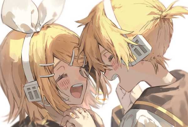 Anime picture 1820x1239 with vocaloid kagamine rin kagamine len memeppo blush highres short hair open mouth simple background blonde hair white background ponytail eyes closed teeth holding hands ^ ^ siblings twins interlocked fingers ^o^