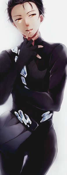 Anime picture 800x2077 with yuri!!! on ice mappa katsuki yuuri mukkun single tall image looking at viewer short hair open mouth black hair simple background standing white background head tilt orange eyes finger to mouth boy gloves black gloves elbow gloves