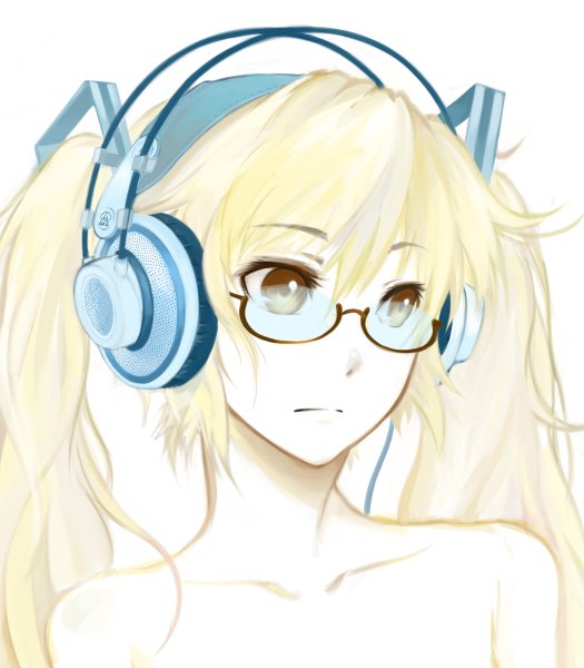 Anime picture 1050x1200 with vocaloid hatsune miku pas (paxiti) long hair tall image twintails brown eyes white hair girl glasses headphones