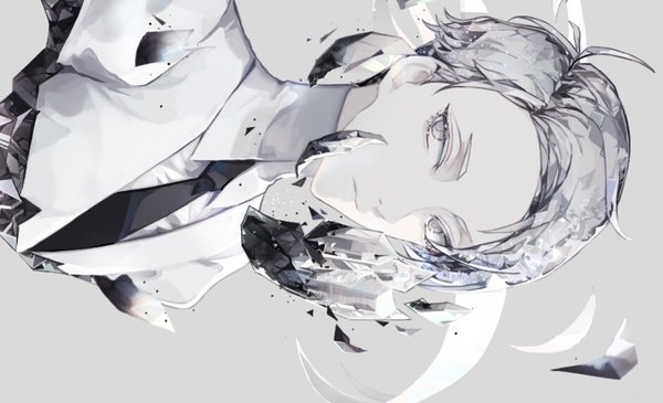 Anime picture 940x572 with houseki no kuni cairngorm (houseki no kuni) sleepless (wrysmile) single short hair wide image silver hair upper body grey background silver eyes expressionless androgynous necktie debris