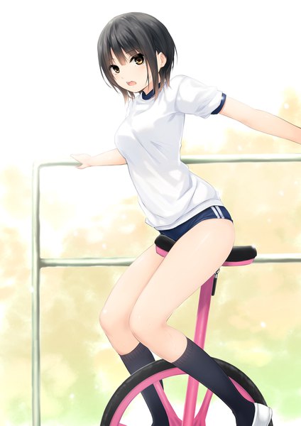 Anime picture 1200x1697 with original aoyama sumika coffee-kizoku single tall image looking at viewer blush fringe short hair breasts open mouth light erotic black hair hair between eyes sitting holding brown eyes bent knee (knees) blurry girl