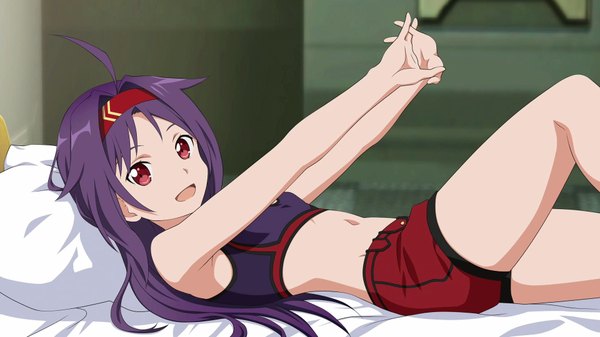 Anime picture 1920x1080 with sword art online sword art online: fatal bullet a-1 pictures yuuki (sao) single long hair looking at viewer highres open mouth smile red eyes wide image game cg purple hair ahoge indoors lying :d official art bare belly