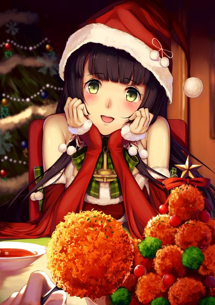 Anime picture 2893x4092 with kantai collection mizuho seaplane tender kirieroido iii single long hair tall image looking at viewer blush highres open mouth black hair green eyes blurry depth of field fur trim christmas girl hat detached sleeves food