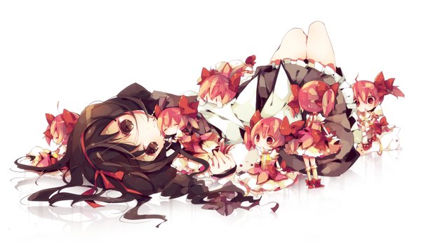 Anime picture 2250x1300 with mahou shoujo madoka magica shaft (studio) akemi homura kaname madoka kyuubee ana (rznuscrf) long hair blush highres short hair open mouth simple background smile red eyes brown hair wide image standing white background sitting twintails