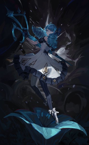 Anime picture 1500x2437 with league of legends gwen (league of legends) cotta (heleif) single long hair tall image fringe blue eyes twintails blue hair full body looking back high heels low twintails drill hair girl dress flower (flowers) weapon pantyhose