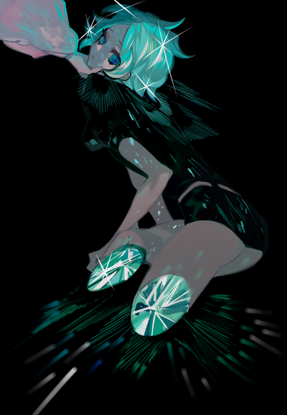 Anime picture 900x1300 with houseki no kuni phosphophyllite lunch (lunchicken) tall image looking at viewer short hair simple background aqua eyes aqua hair sparkle black background solo focus androgynous hand on another's face amputee uniform