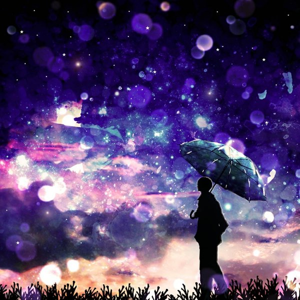 イラスト 1000x1000 と オリジナル ハラダミユキ ソロ 空 cloud (clouds) rain silhouette abstract 男性 植物 星 傘 草