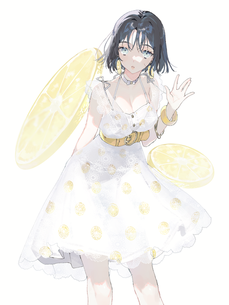 Anime picture 1800x2400 with original naomasap single tall image highres short hair breasts blue eyes black hair white background cleavage leaning leaning forward waving food print lemon print girl dress earrings choker