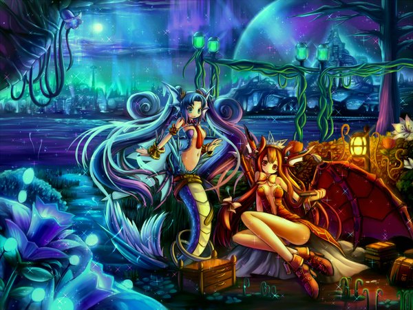 Anime picture 2000x1500 with original hoshi no gen highres blue eyes multiple girls blue hair tail very long hair orange hair orange eyes legs monster girl fish tail girl navel 2 girls wings boots dragon mermaid