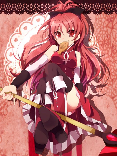 Anime picture 1000x1329 with mahou shoujo madoka magica shaft (studio) sakura kyouko asprach long hair tall image red eyes ponytail red hair mouth hold girl thighhighs weapon black thighhighs detached sleeves food boots sweets wagashi taiyaki