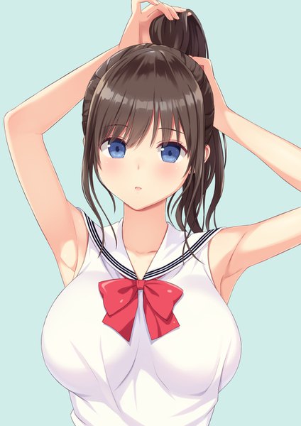 Anime picture 1000x1414 with original n.g. single long hair tall image looking at viewer blush fringe breasts blue eyes light erotic simple background hair between eyes brown hair large breasts payot upper body parted lips arms up armpit (armpits)