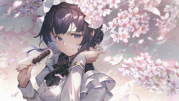 Anime picture 1920x1080 with original mito itsuki single looking at viewer fringe highres short hair blue eyes black hair smile wide image holding payot upper body outdoors blunt bangs long sleeves sunlight maid grin