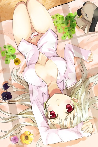 Anime picture 1666x2500 with original haik long hair tall image blush breasts light erotic red eyes white hair open clothes open shirt girl underwear panties flower (flowers)
